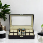 TIMELYBUYS 12 Piece Chocolate Brown Leatherette Men's Watch Box Display Case Collection Jewelry Box Storage Glass Top Father's D