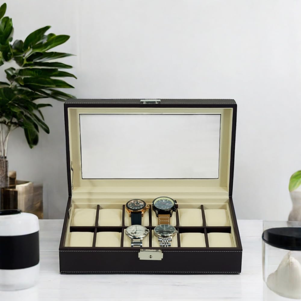 TIMELYBUYS 12 Piece Chocolate Brown Leatherette Men's Watch Box Display Case Collection Jewelry Box Storage Glass Top Father's D