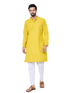 See Designs Mens Full Sleeve Mandarin Collar Yellow Embroidered Rayon Straight Long Kurta - Festive Collection | Dussehra & Diw