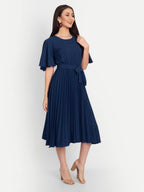 Kuduzo WomenS Crepe Midi Dress With Plated Style Round Neck Half Ruffle Sleeves Below Knee Length Solid Pattern And Regular Fit