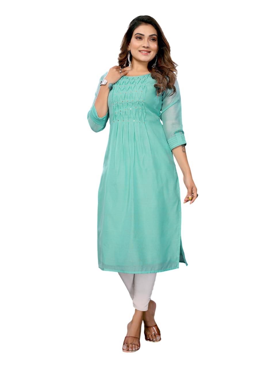 Rangita Sea Green Chanderi Calf Length Solid A-Line Kurti | Kurta For Women_Xl