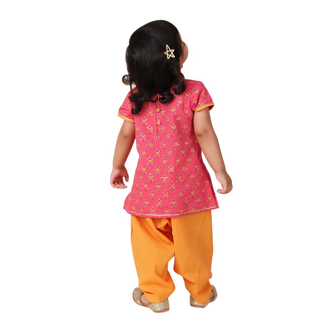 Fabindia Girl'S Cotton Floral Print Regular Fit Kurta Set (1030930Pink_Pink & Yellow