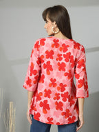 OOMPH! Lace Border,Kashmiri Tunic Top, Short Kurti for Women on Jeans, V-Neck, 3/4 Sleeve, Floral Design Baby Pink