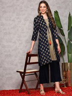 Ishin Women Ethnic Motifs Printed Regular Straight Kurta With Palazzos | Kurta Set For Women | Kurta With Palazzo And Jacket