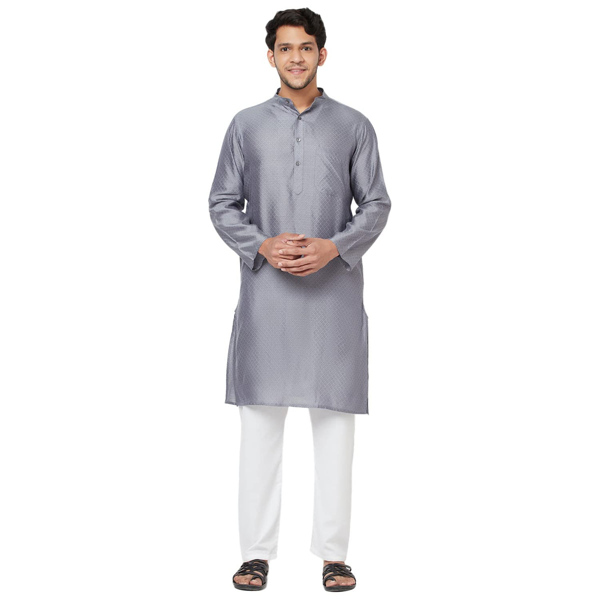 Fabindia MenS Viscose Silk Abstract Slim Kurta_Light Grey_M
