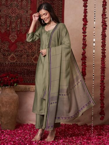 ANNI DESIGNER Womens Rayon Viscose Solid Straight Kurta with Pant & Dupatta (Raja Saab Green-VKS13_S_Green_Small)