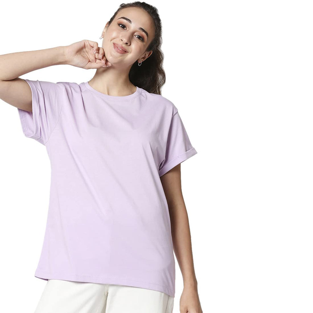 Bewakoof Womens Solid 100% Cotton T-Shirt - Boyfriend Fit, Round Neck, Half Sleeves