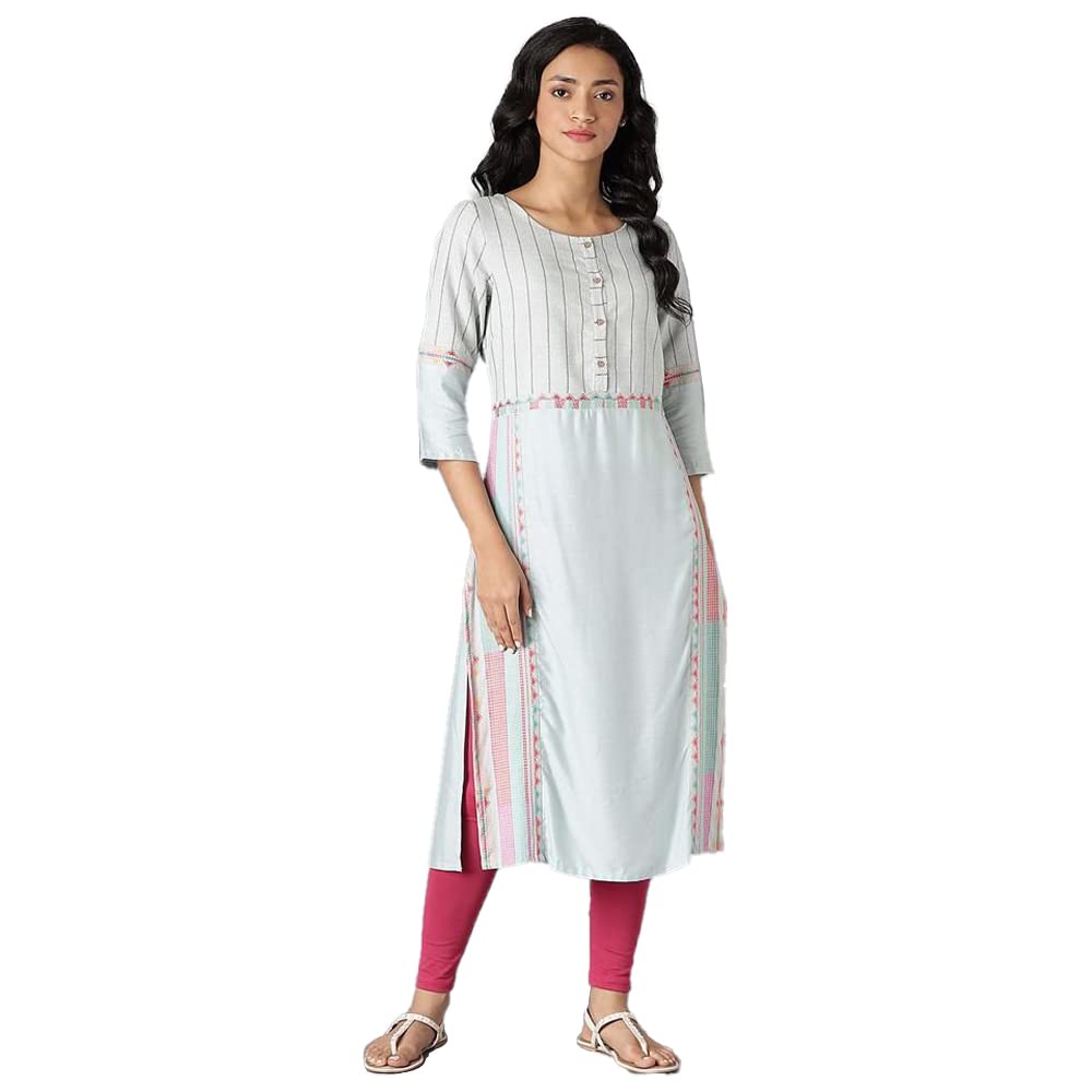 W For Woman Light Blue Geometric Printed Cotton Rayon Blend Straight Long Kurta