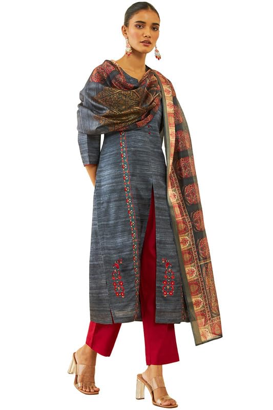 Soch Womens Charcoal Silk Blend Floral Embroidered Straight Kurta Suit Set