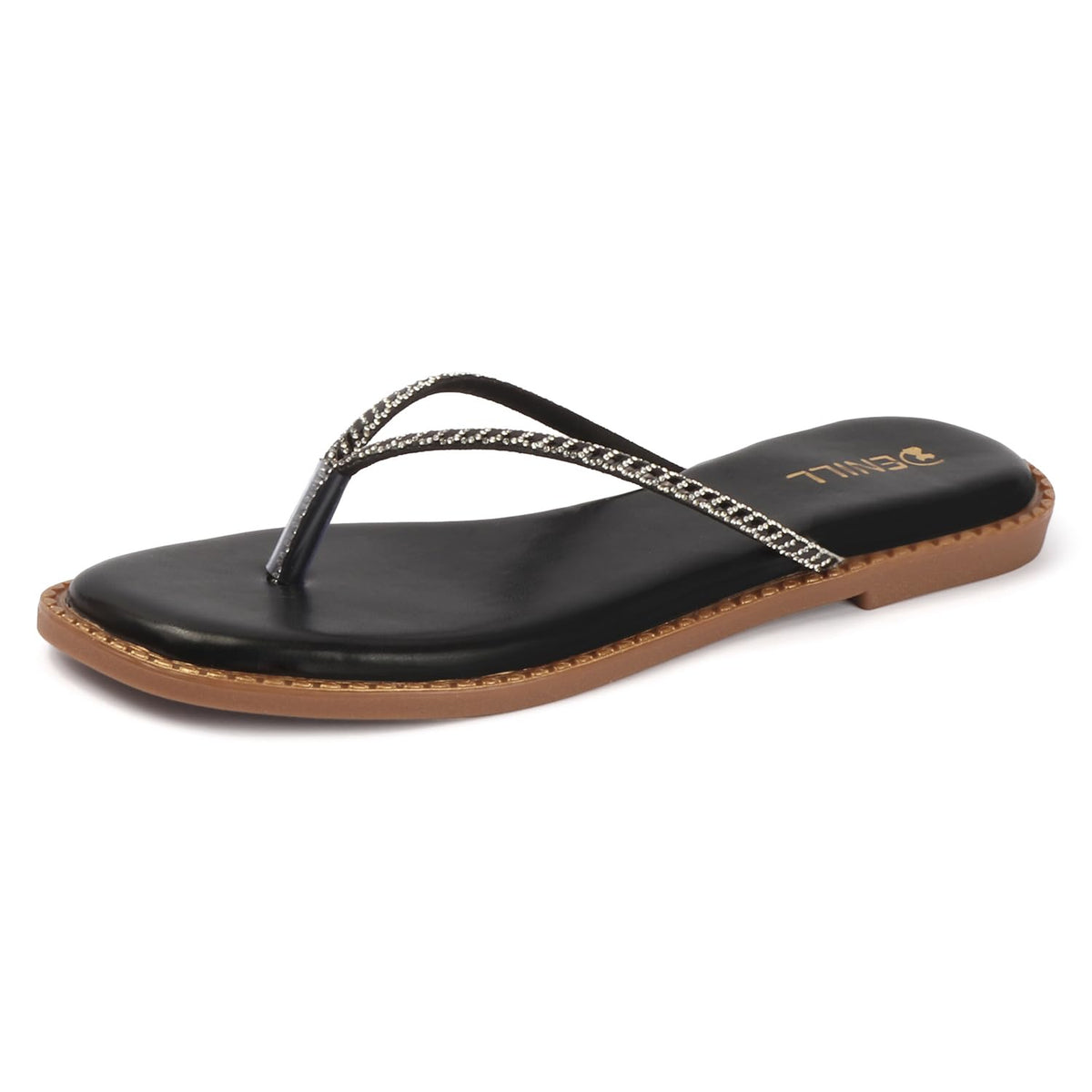 Denill Womens Gold Rhinestone FlipFlop Sandals Stylish Casual Comfort Footwear (Black) uk5 5