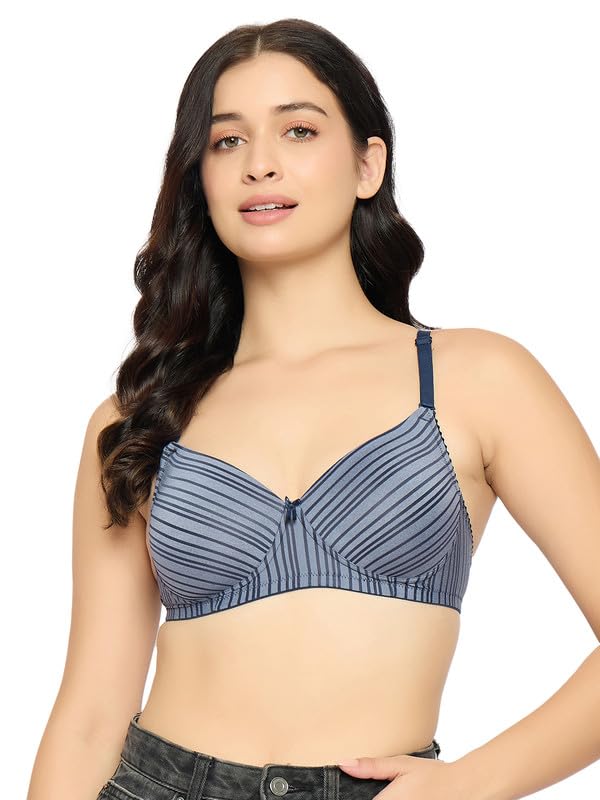 Clovia Womens Padded Non-Wired Full Coverage Self Striped Multiway T-Shirt Bra (BR1644Q08_Blue_38D)