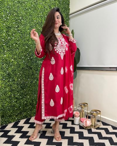ANNI DESIGNER Womens Rayon Blend Straight Embroidered Kurta with Pant & Dupatta (SABYA Pink_L_Pink_Large)