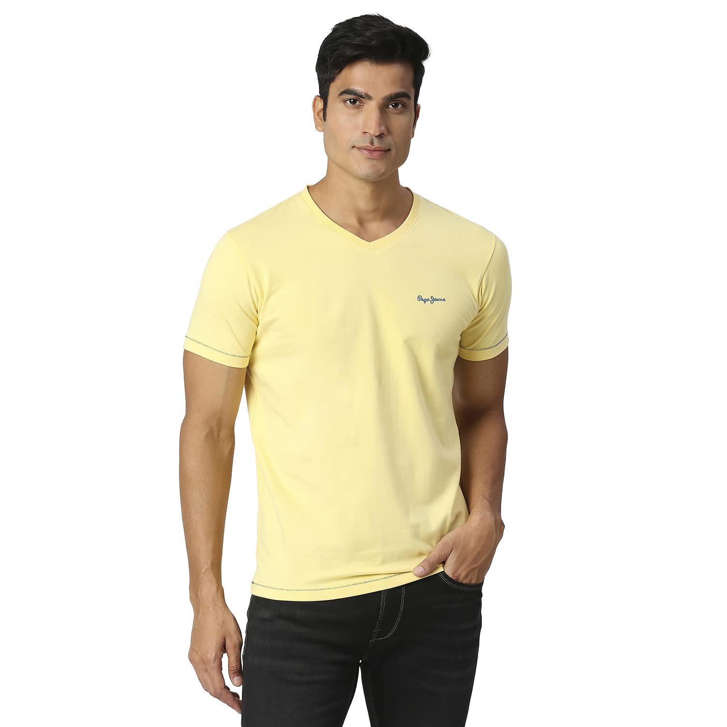 Pepe Jeans MenS Slim Fit Solid T-Shirts Pale Yellow