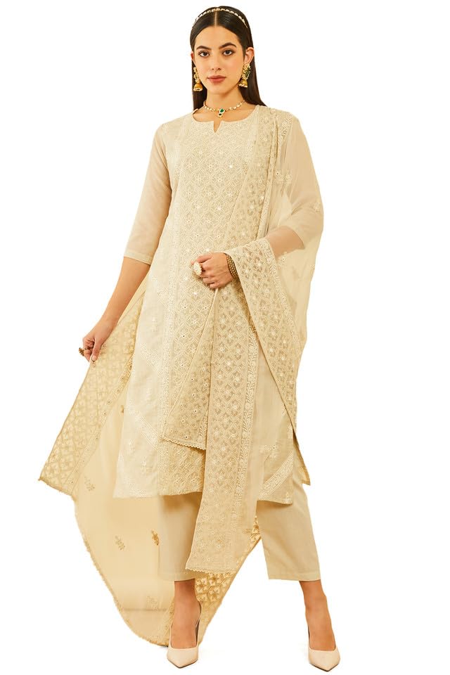 Soch Women Chanderi Embroidered Suit Set with Faux Mirror