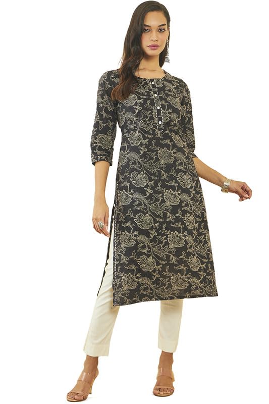Soch Womens Black Cotton Floral Print Straight Kurta With Gota Patti Details