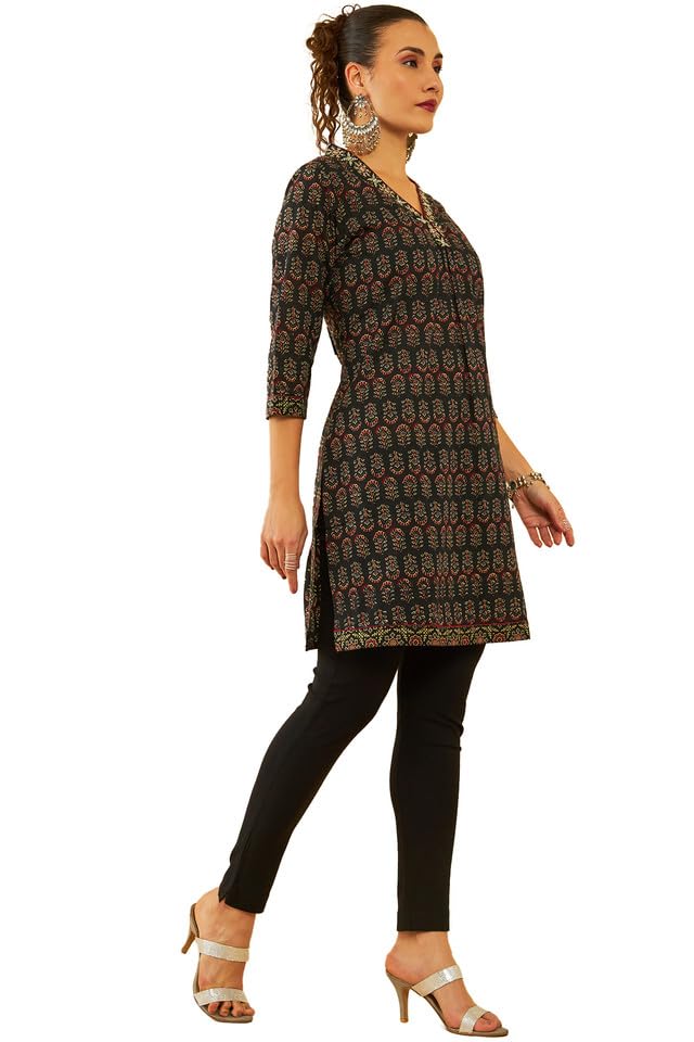 Soch Womens Black Cotton Floral Printed Short Kurta With Zari Work