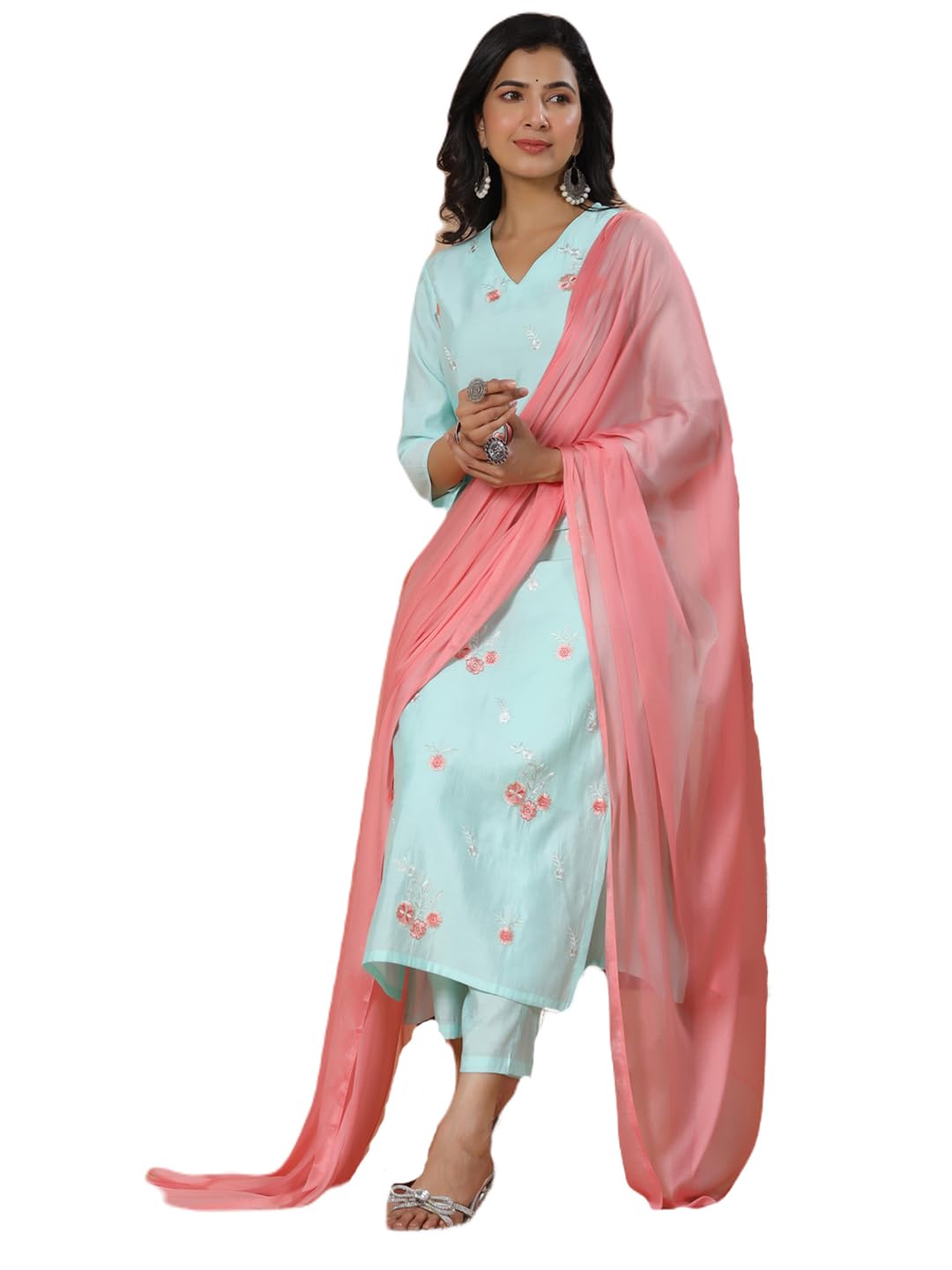ANNI DESIGNER Women s Kurta Rayon Blend Pants with Dupatta, Green, Medium