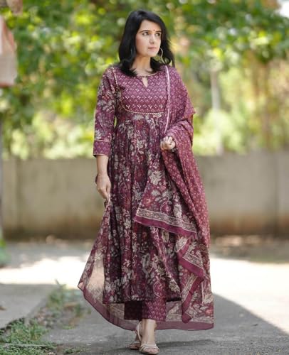 Alvami Women Anarkali Kurta and Pant Set with Dupatta (S) Maroon