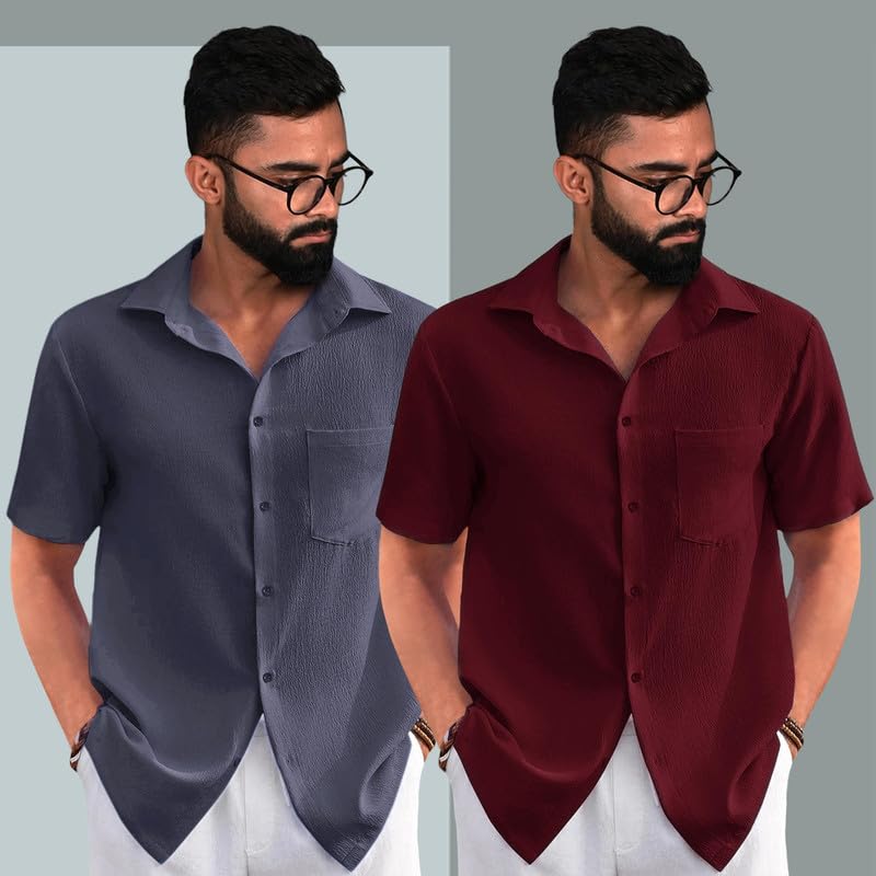 Pinkmint Combo Of MenS Regular Fit Popcorn Shirt Half Sleeve Spraed Collar Shirt