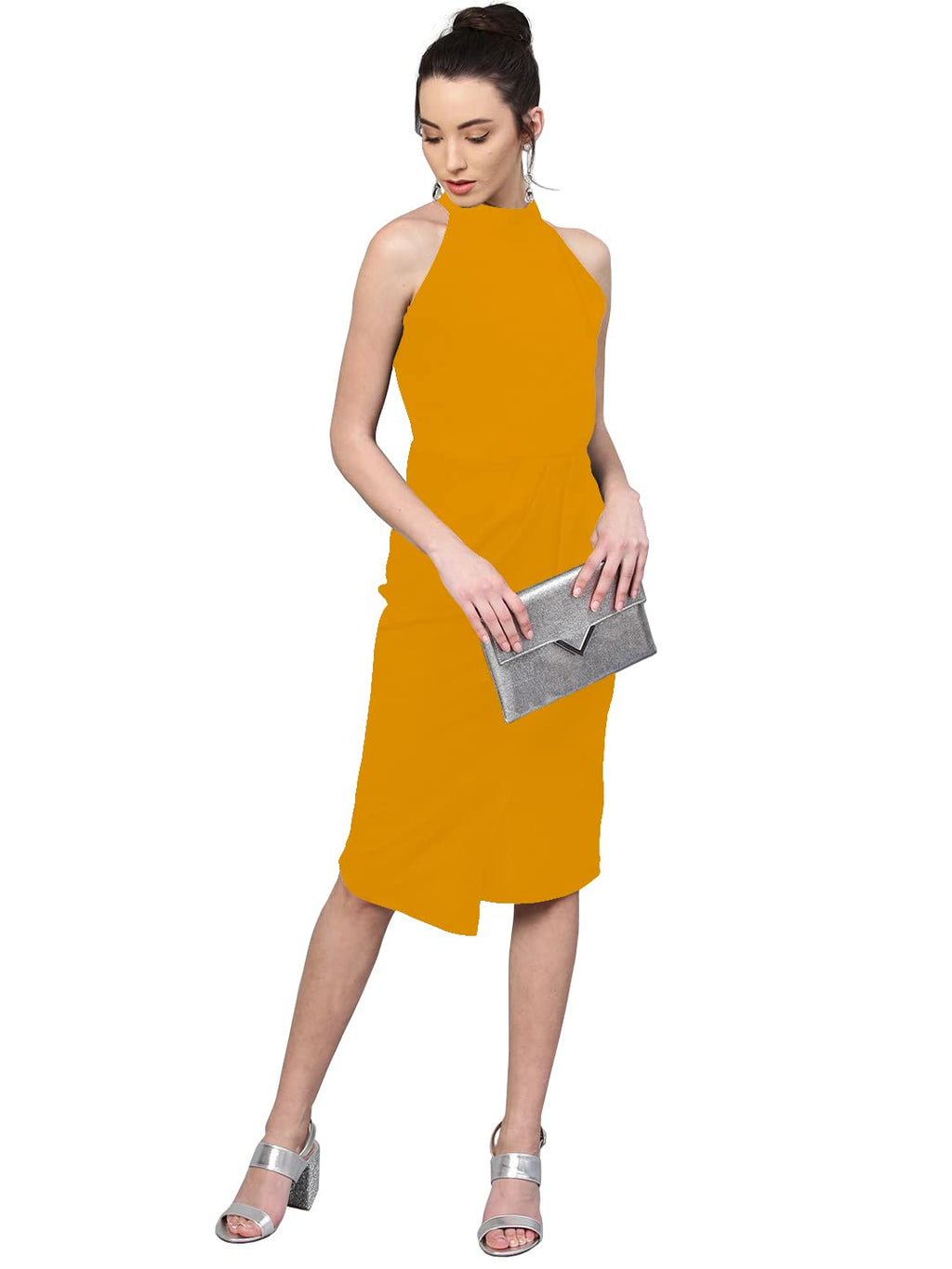 Shasmi Polyester Blend Bodycon Knee-Length WomenS Elegant Halter Neck Pleated Flounce Sleeveless Midi Dress (Dresses For Tops_M