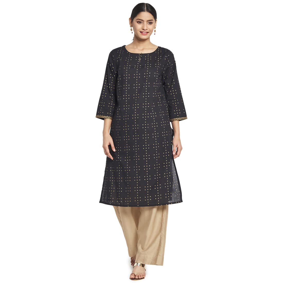 Fabindia Women Cotton Printed Knee Length Kurta Black_Xs