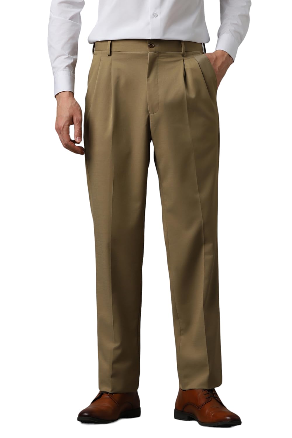 Louis Philippe Men Khaki Regular Solid Pleated Formal Trousers