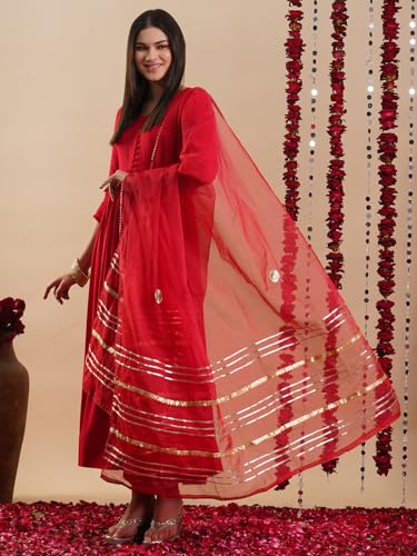 ANNI DESIGNER Womens Rayon Blend Anarkali Solid Kurta with Pant & Dupatta (JAYNTI RED-VKS01_M_Red_Medium)