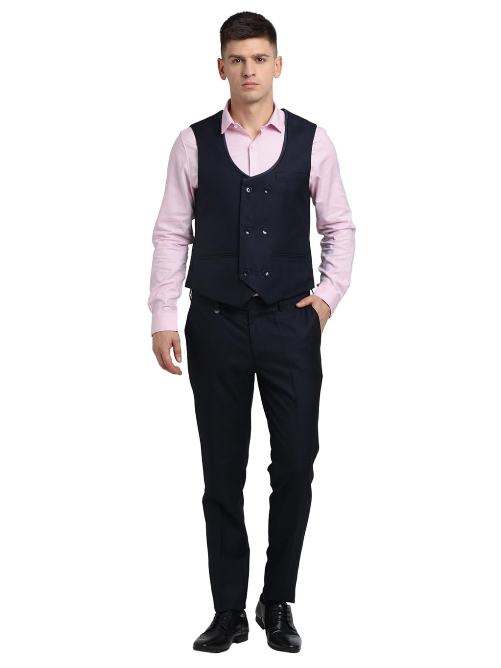 Turtle Men Poly Viscose Tailored Fit Dark Blue Three Piece Party Suits