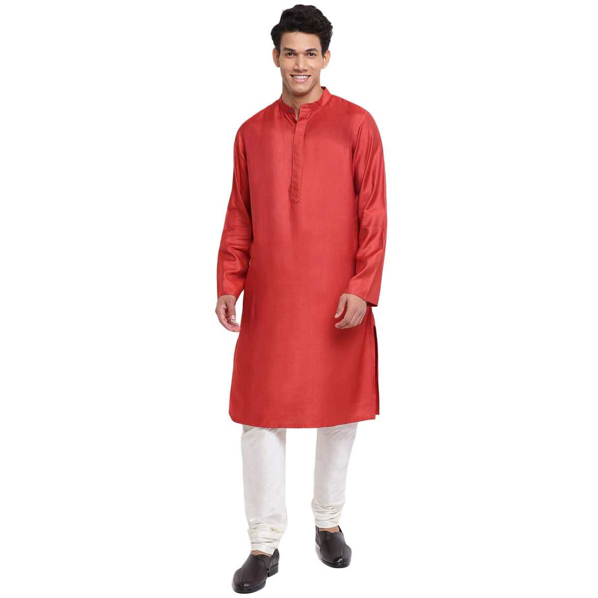 Fabindia Men Silk Chinese Collar Long Kurta Viscose_M Red