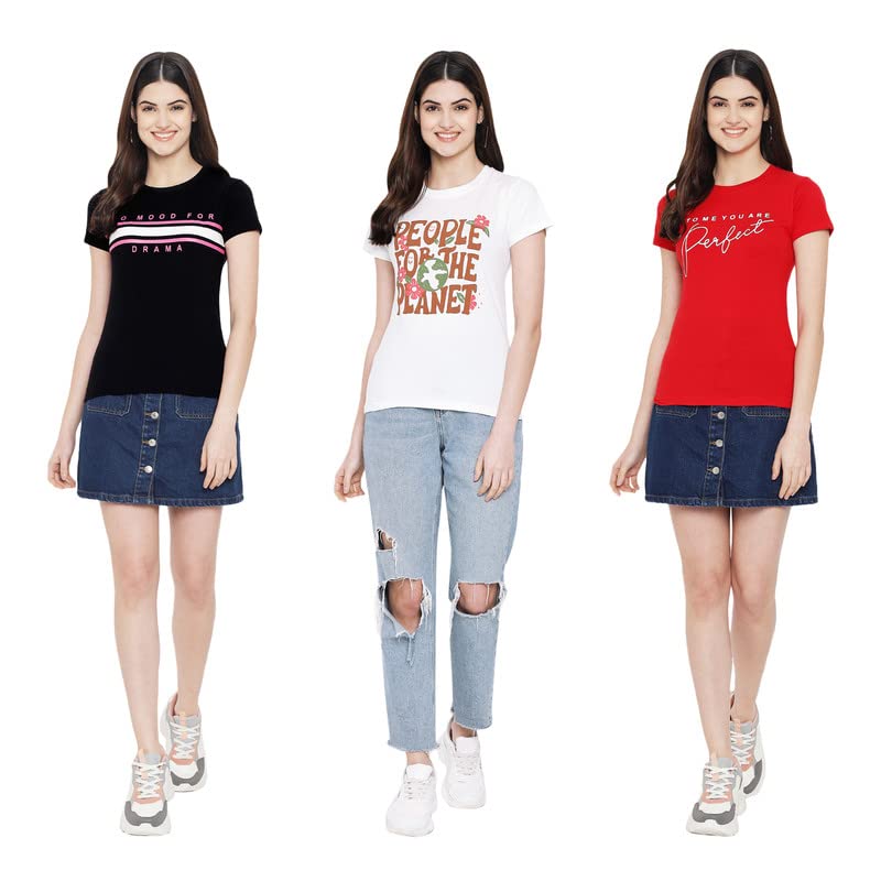 Preneum Womens Cotton Regular Fit Latest Graphic Stylish Printed Short Sleeves Casual T-Shirt || Latest Trending Style (Pack 3)