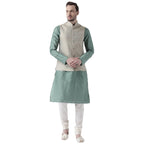 Kisah Men Green Cream Solid Banarasi Kurta With Churidar Nehru Jacket, Full Sleaves, Knee Length, Straight, Regular Fit, Mandari