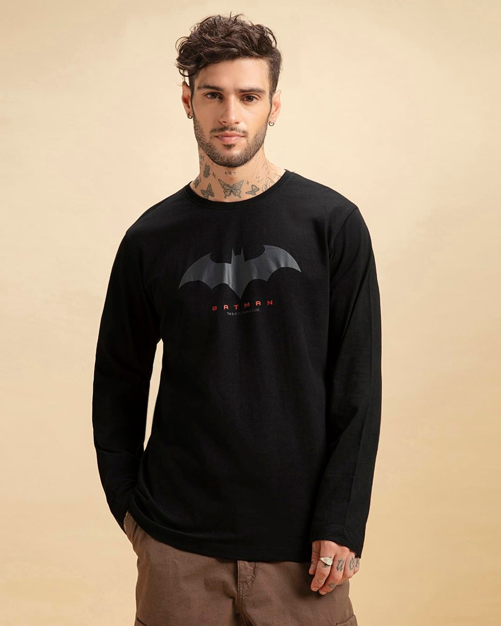 Bewakoof Mens Batman Graphic Printed 100% Cotton T-Shirt - Regular Fit, Round Neck, Full Sleeves