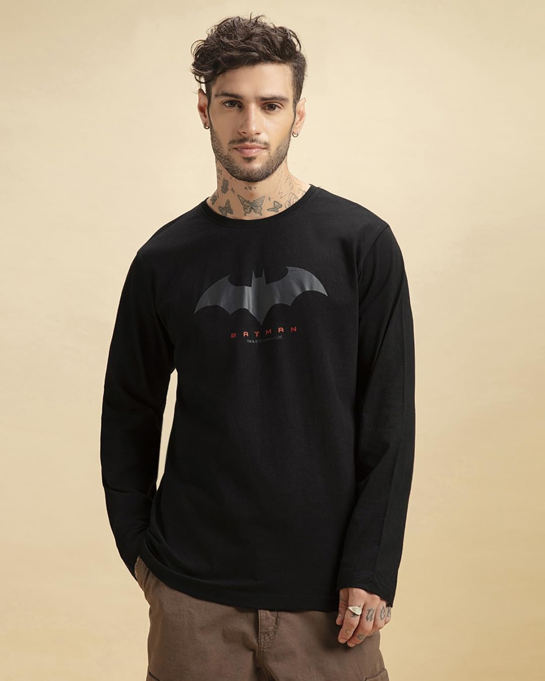 Bewakoof Mens Batman Graphic Printed 100% Cotton T-Shirt - Regular Fit, Round Neck, Full Sleeves