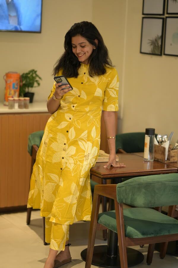 ANNI DESIGNER Ladies Floral Cotton Blend Kurta with Trousers, yellow, XL