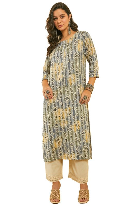 Soch Women Ethnic Print Kantha Weave Straight Rayon Kurta
