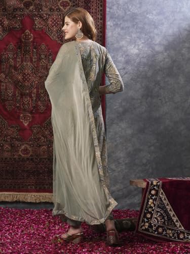 ANNI DESIGNER Womens Rayon Blend Printed Straight Kurta with Pant & Dupatta (VICE Grey-VKS03_S_Grey_Small)