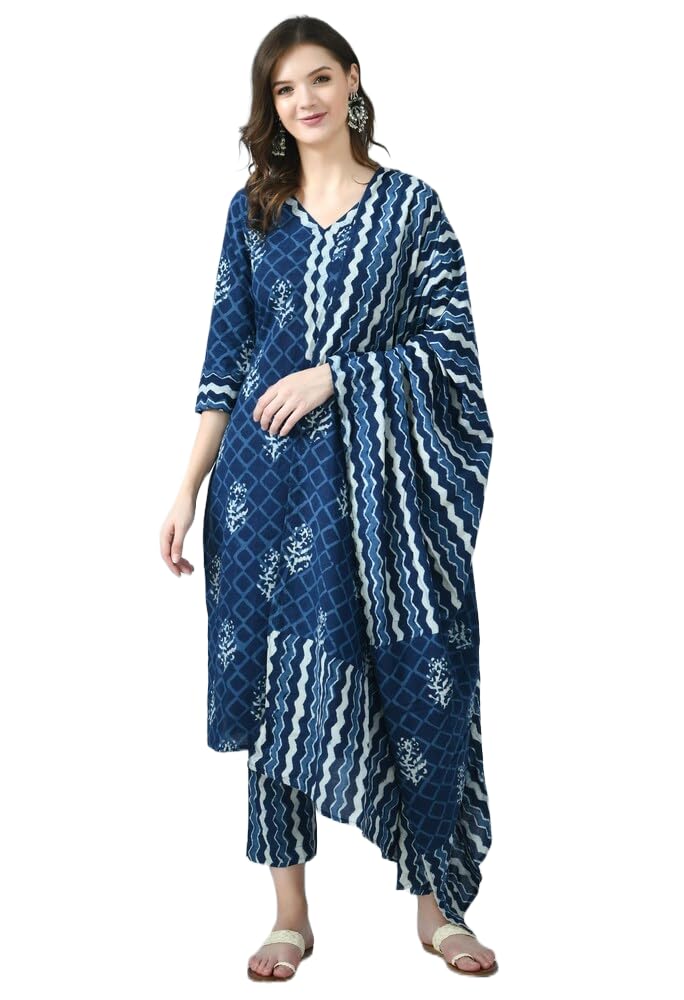KLOSIA Women Indigo Printed Kurta and Pant Set with Dupatta (Medium)