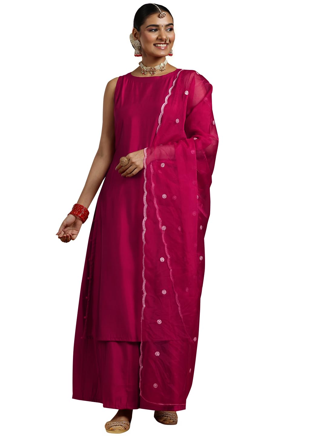 Gerua By Libas Womens Solid Silk Blend Straight Kurta With Palazzos And Dupatta