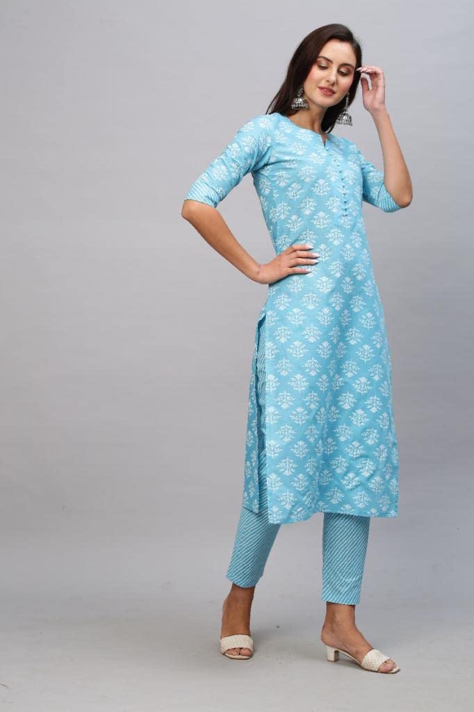 Anni Designer Women'S Cotton Blend Printed Straight Kurta With Pant (Kidya Blue-Nwfb08_Xl_Blue_X-Large)