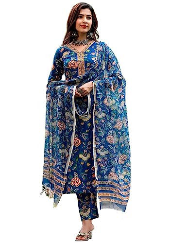 Gosriki Women'S Cotton Blend Straight Printed Kurta With Pant & Dupatta (Jdp Blue-Nw-Gs_M_Blue_Medium)