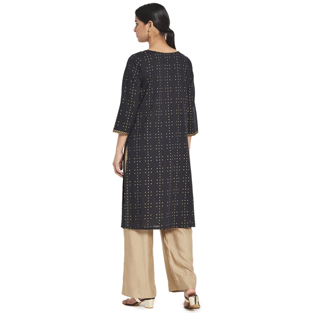 Fabindia Women Cotton Printed Knee Length Kurta Black