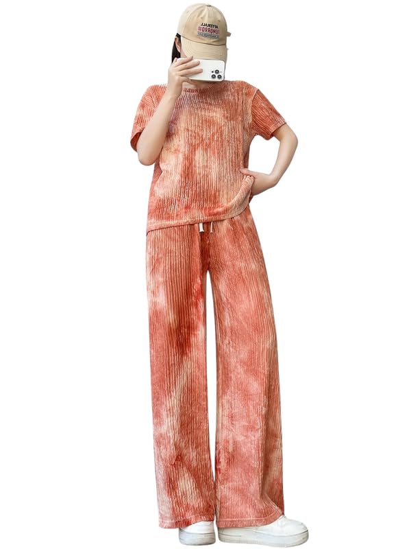 Womens Cotton Blend Tie-dye Relaxed Fit Stylish Pajama Sets || Short Sleeve Top & Long Pant Sleepwear Pjs Lounge Set Co-ords Ou