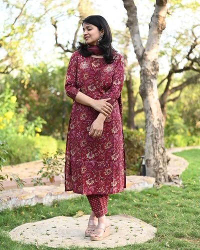 ANNI DESIGNER Womens Rayon Blend Straight Printed Kurta with Pant & Dupatta (PARAVA Maroon_L_Maroon_Large)