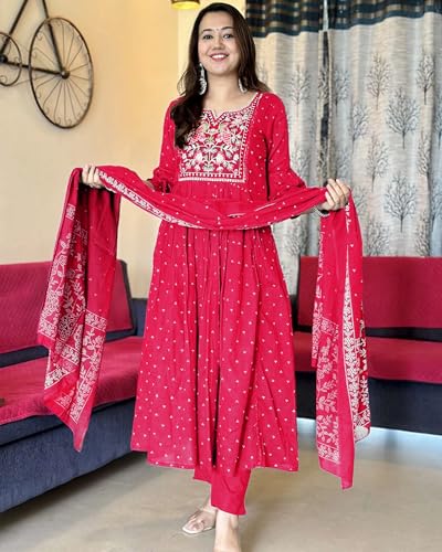 ANNI DESIGNER Womens Rayon Viscose Embroidered Anarkali Kurta with Pant & Dupatta (Kanota Pink-VKS05_XL_Pink_X-Large)