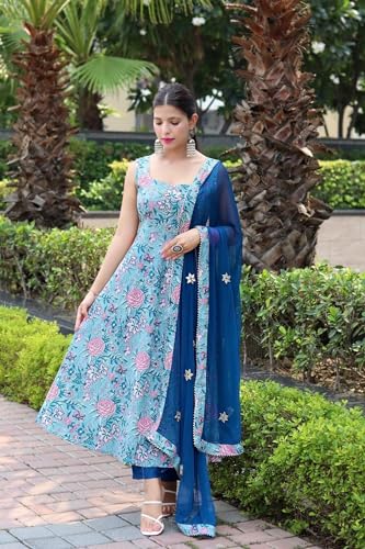 ANNI DESIGNER Womens Cotton Blend Anarkali Printed Kurta with Pant & Dupatta (GOANNI Blue_L_Blue_Large)