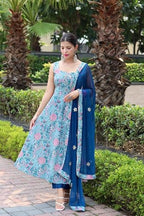 ANNI DESIGNER Womens Cotton Blend Anarkali Printed Kurta with Pant & Dupatta (GOANNI Blue_L_Blue_Large)