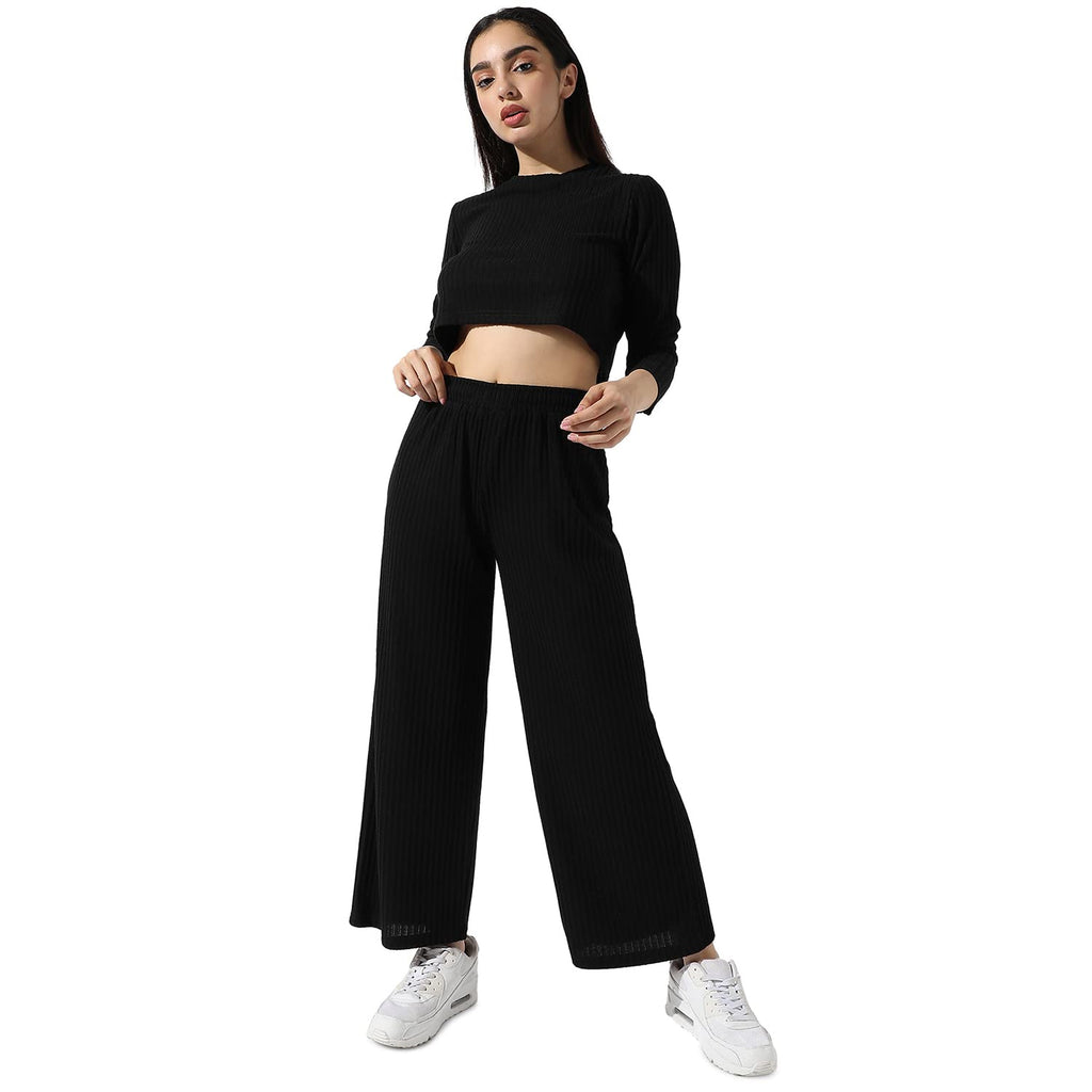 Campus Sutra Women'S Solid Black Ribbed Co-Ord Set For Casual Wear | Long Sleeves | Poly Cotton Lycra Fabric | Crew Neck Clothin
