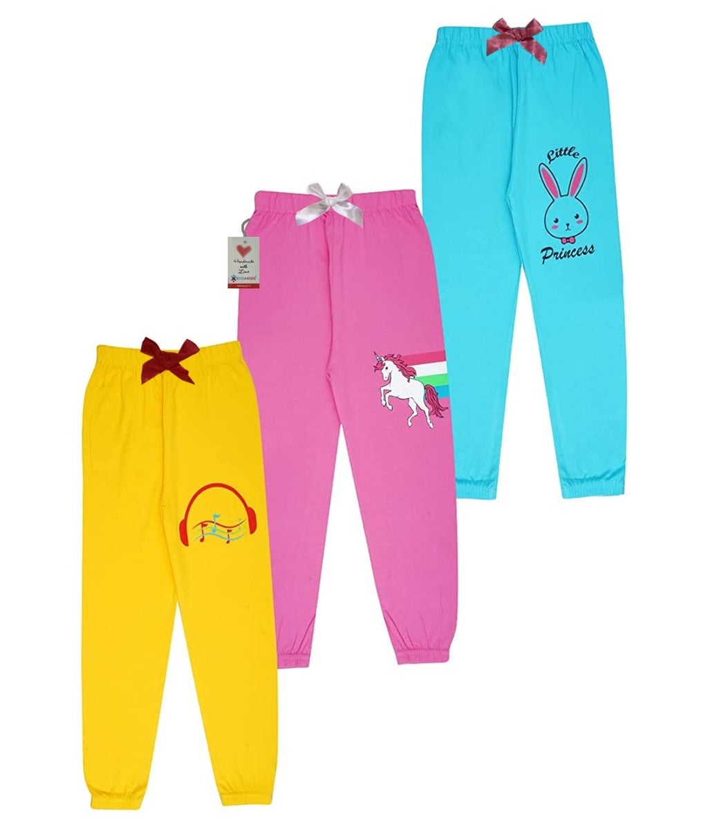 KYDA KIDS 100% Girls Cotton Printed Track Pants (Pack of 3)