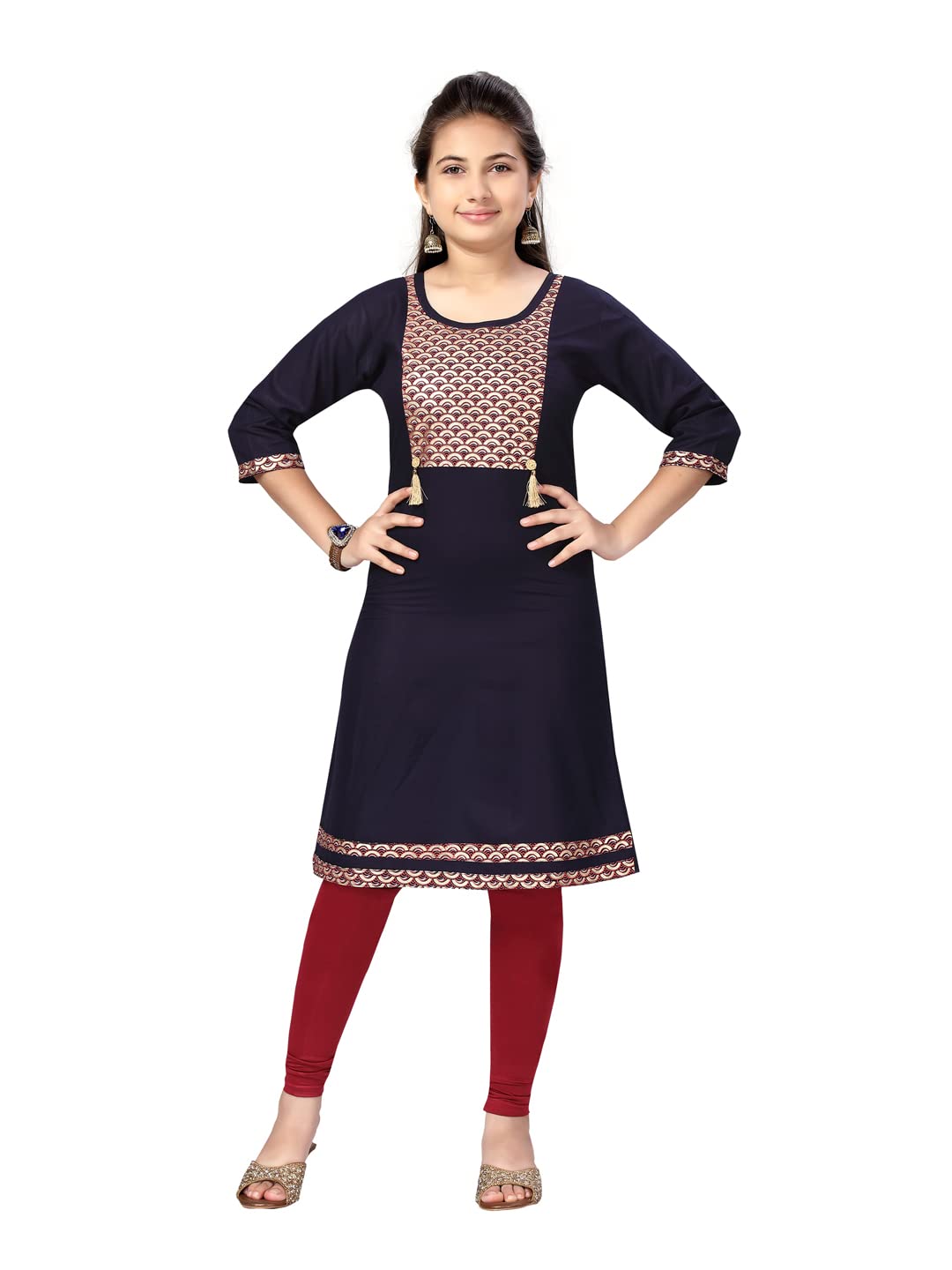 Aarika GirlS Cotton Kurti Legging Set (Kl-E-22_Navy Blue-Maroon_38)