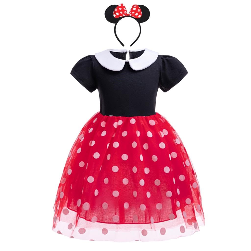 Dressy Daisy Toddler Girls Polka Dots Fancy Dress Up Halloween Costume Birthday Party Outfit with Mouse Ears Headband Size 3T to